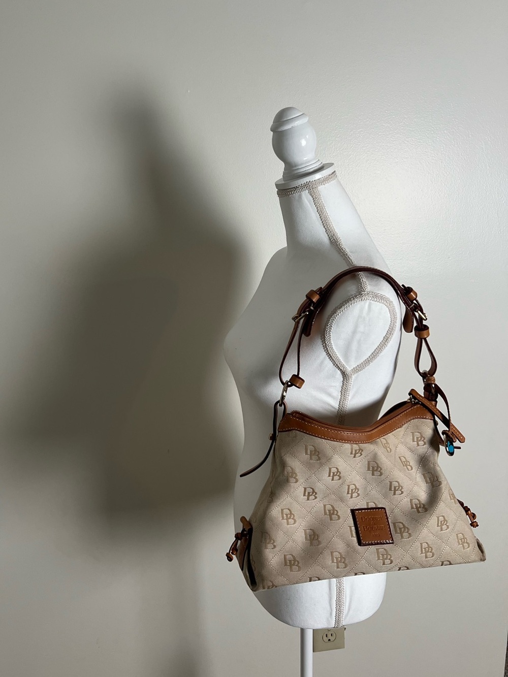 Dooney & Bourke Beige Logo Shoulder Bag with Brown Trim